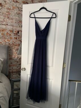 Navy Tulle Maxi Dress with V-Neck